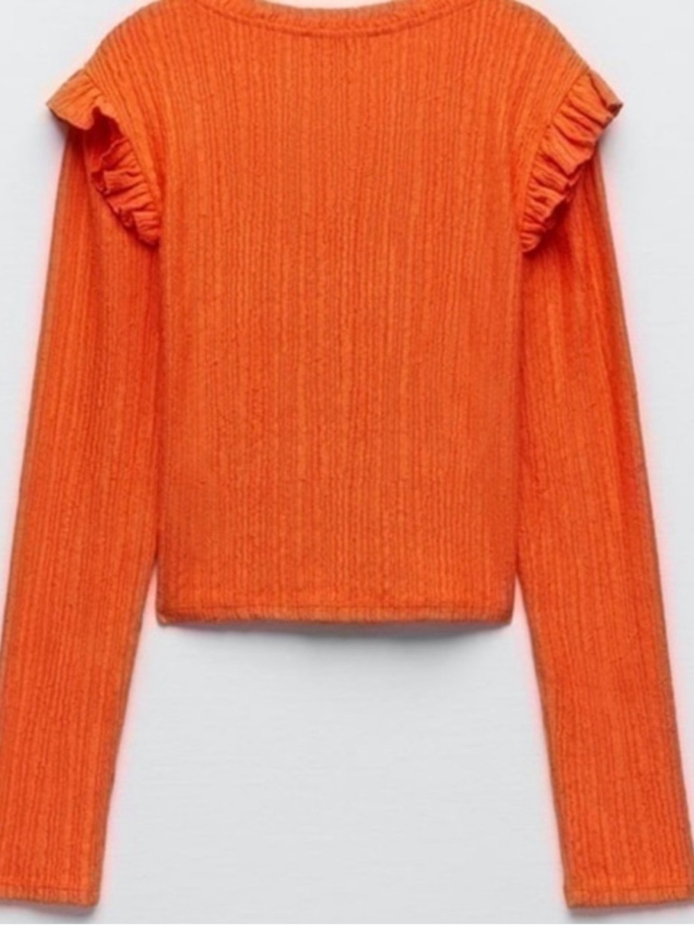 Zara Vibrant Orange Ribbed Button Cardigan with Ruffle Shoulders - Picture 4 of 11
